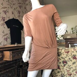 One of a kind mini dress asymmetrical design production sample Cotton Camel colo